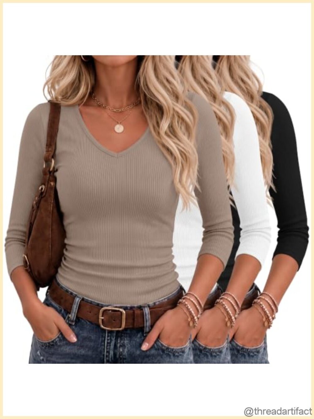 Women's 3/4 Sleeve V-Neck Ribbed Tops 3 Pack Cotton Blend Slim Fit T-Shirts